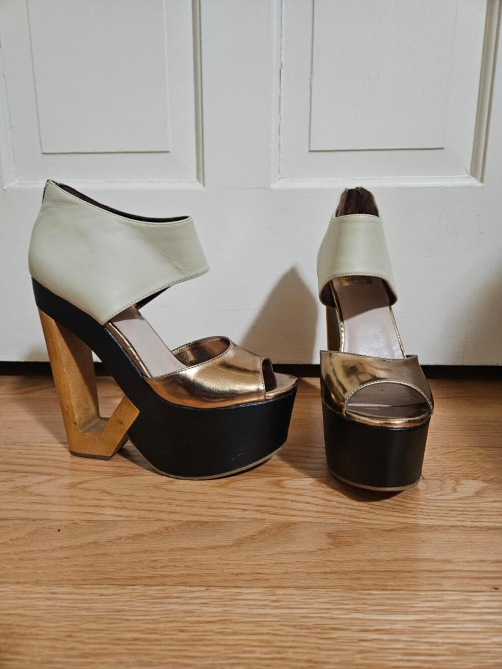 Leather Platform Wood Cut Out Colorblock Heels, New w Imperfections